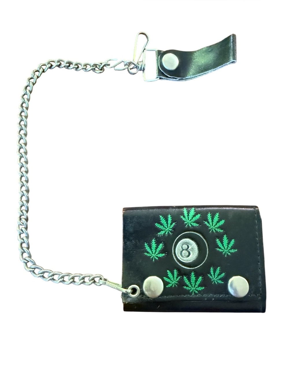 Vintage Marijuana Leaf 8 Ball Black Leather Chain Trifold Wallet Made in USA